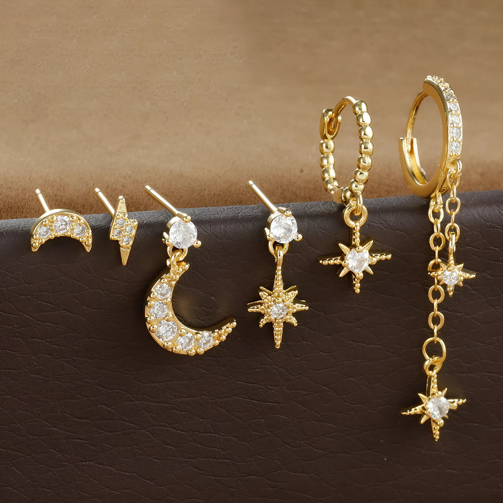 XINGX gold colour chain tassel earrings with zircon studs, six-piece jewellery set