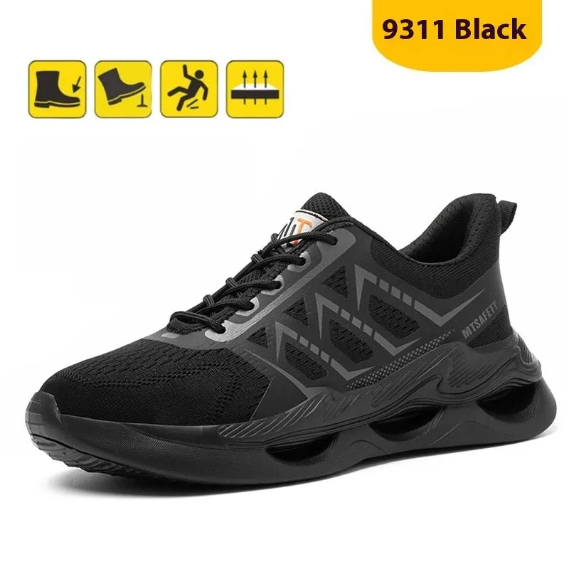Black steel toe cap labour protection shoes with lace-up front and flat knitted uppers.