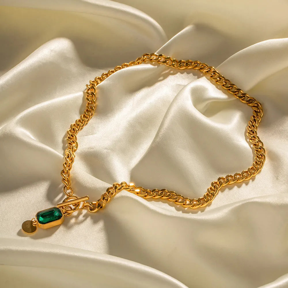 Gold titanium steel French retro necklace with emerald zircon geometric pendant on Cuban link chain