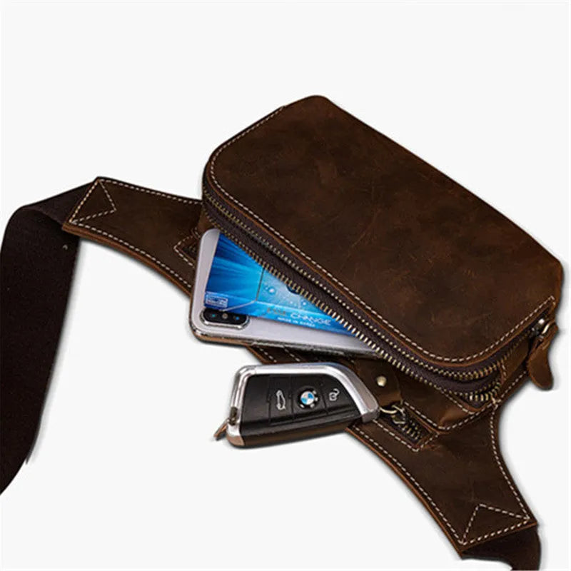 Brown cowhide leather men's sports waist bag showing pull closure and dimensions