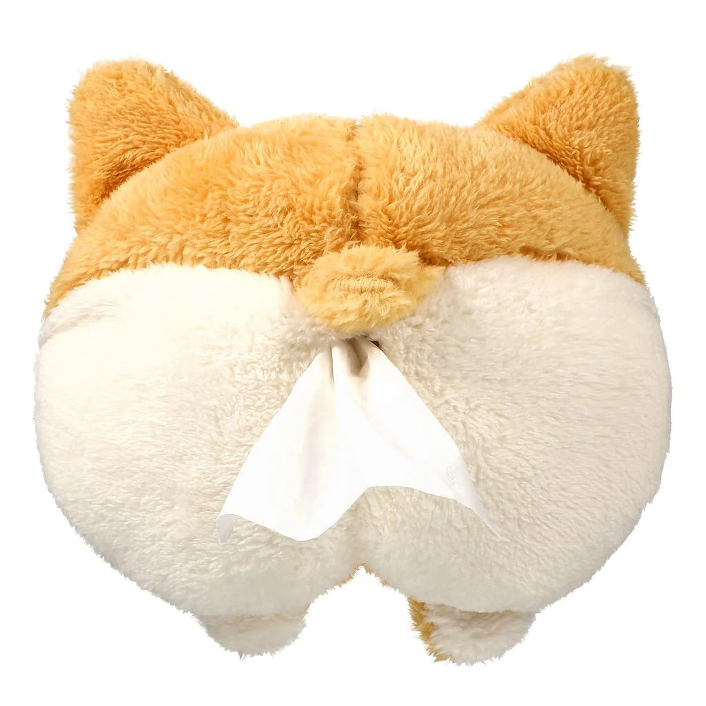 Yellow corgi butt-shaped soft pouch tissue box cover with elastic strap for car visor.