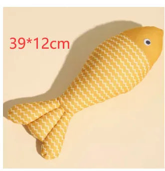 Blue, red, and yellow fish-shaped cat toys in large and medium sizes on a white background.