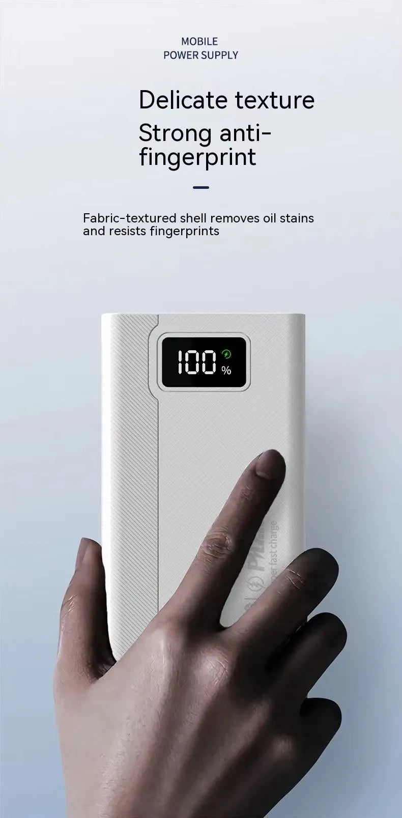 Large capacity power bank in black or white plastic casing with compact dimensions