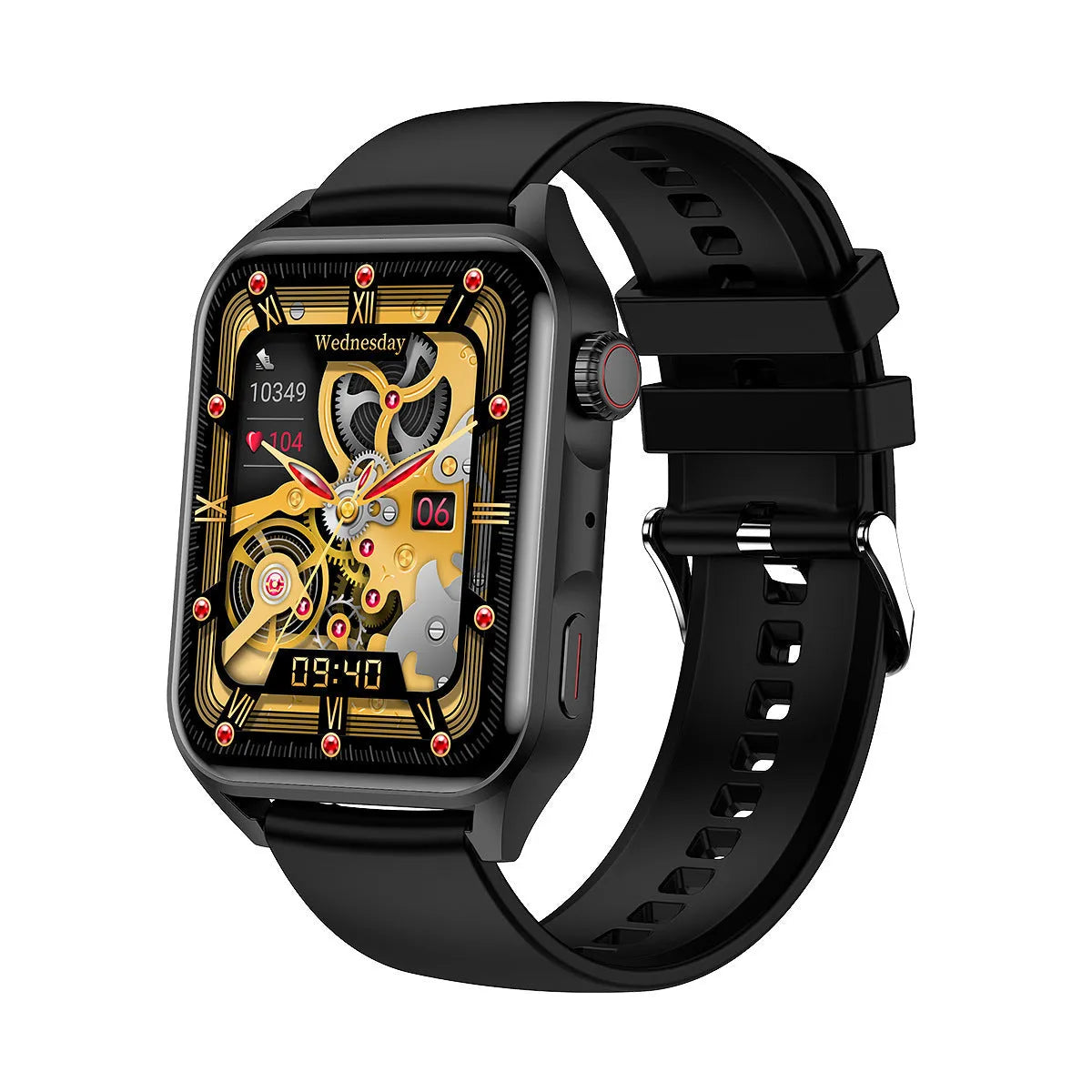 Black smart watch with HD AMOLED screen and silicone strap on a wrist, showing a multi-dial display.