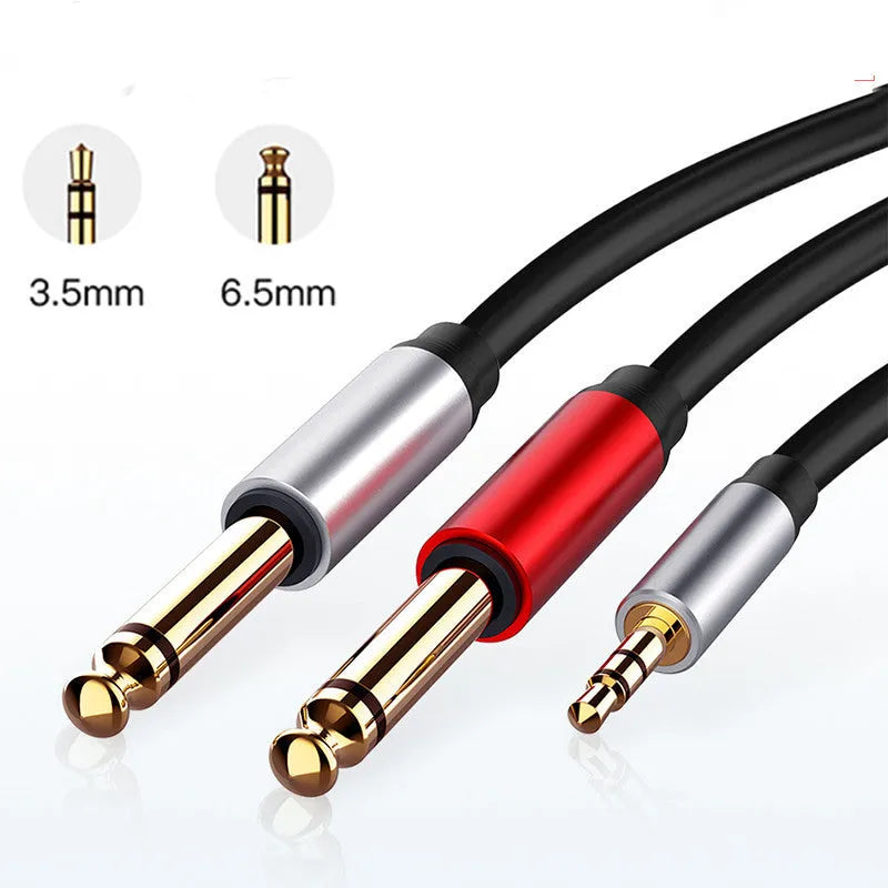 3.5mm to two 6.5mm male audio splitter cable on a black background