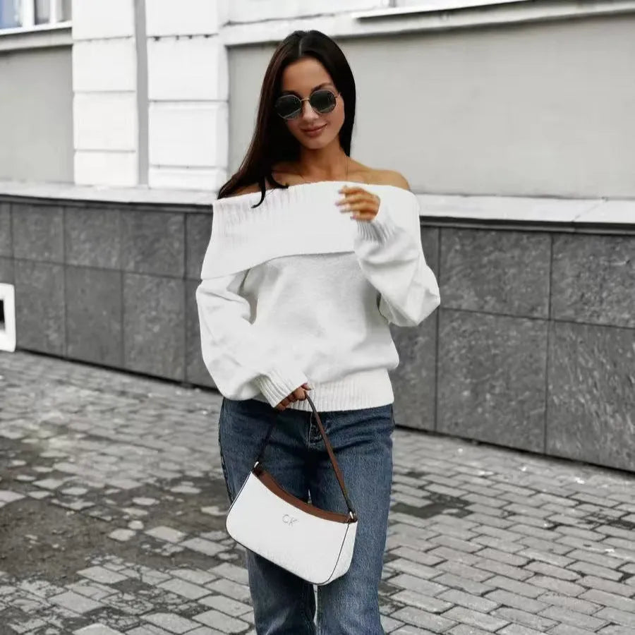 Grey off-the-shoulder sweater with 3D pattern texture and regular sleeves
