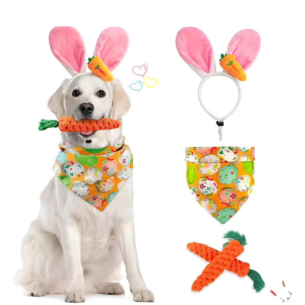 Easter pet decor kit with two 16cm rope carrots, a 68x46x46cm triangle towel, and a 27cm x 13cm hair hoop