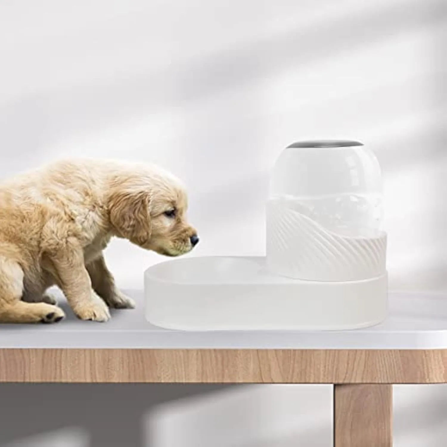 White automatic cat feeder and water dispenser set with wave-shaped design on a table.
