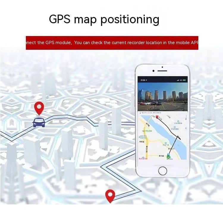 Black car dash camera with 5-inch screen showing front and rear recording with GPS and mobile phone WiFi interconnection