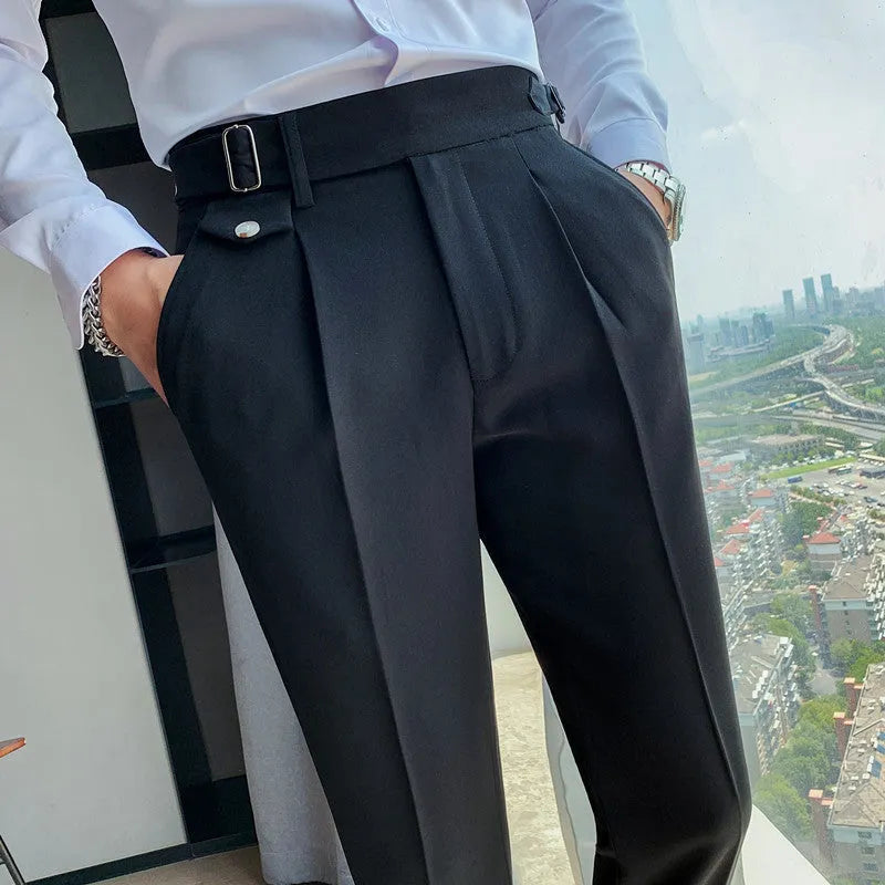 Men's straight-leg casual trousers in solid colours on a neutral background.