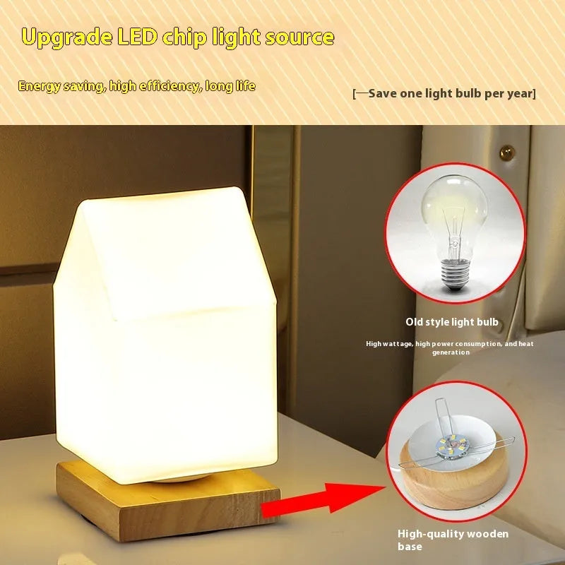 Nordic solid wood flower-shaped USB table lamp with touch dimming in a white cube style on a table