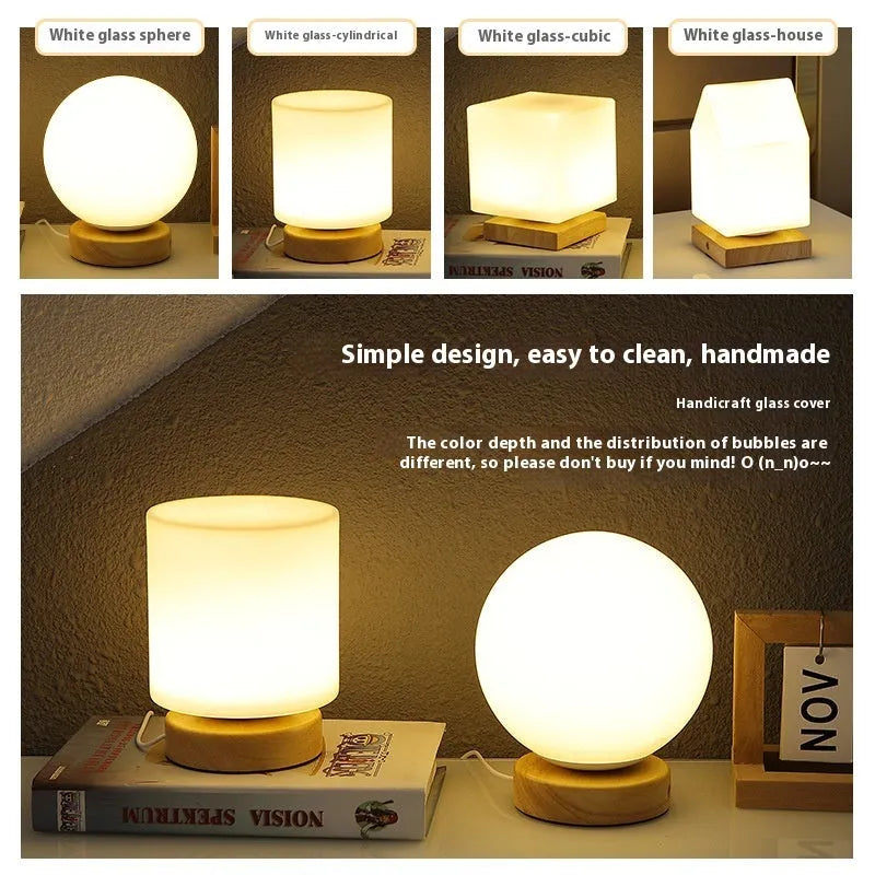 Nordic solid wood flower-shaped USB table lamp with touch dimming in a white cube style on a table