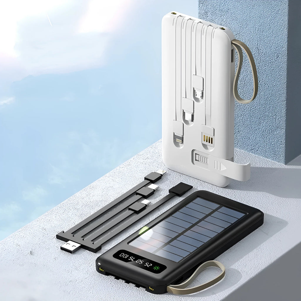 Cool black solar power bank with integrated solar panel showing capacity label and USB port.