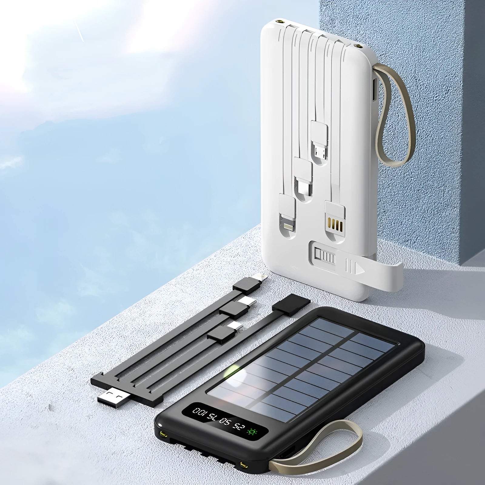 Cool black solar power bank with integrated solar panel showing capacity label and USB port.