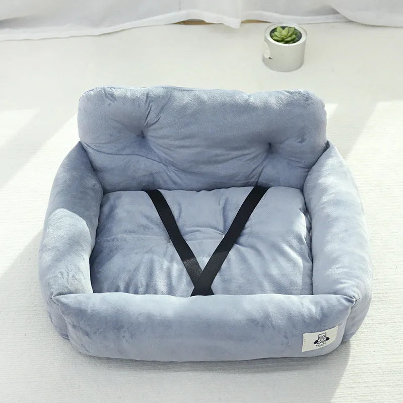Grey and blue plaid car-mounted pet nest for dogs with stain-resistant cloth construction