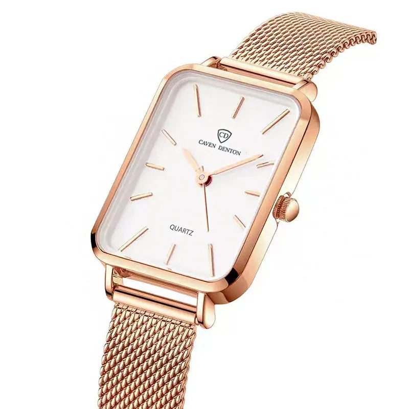 Women's rose gold and silver quartz watch with woven steel belt and 34mm alloy case