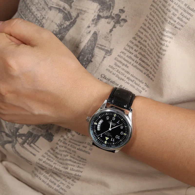 Automatic mechanical watch with calendar, 41.5mm alloy case, ordinary glass mirror, genuine leather strap, white or black belt or black steel belt