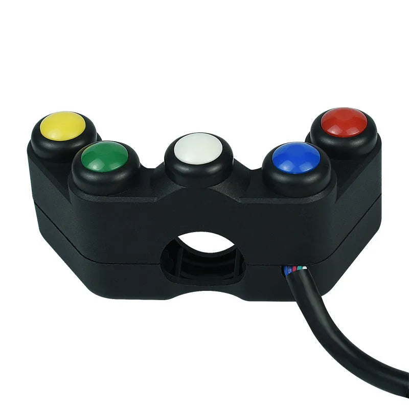 Plastic five-position vehicle switch with red, yellow, blue, green, and white buttons, showing 52cm cable and 2.2cm mount.