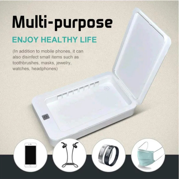 Portable UV phone steriliser box with purple LED light indicator showing disinfection cycle