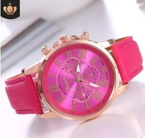 Women's quartz analogue watch shown in one of 14 colours, including black, blue, pink and white options.