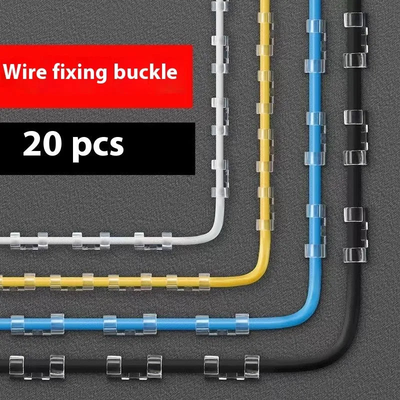 Transparent self-adhesive plastic cable clips in four different sizes for wire management.