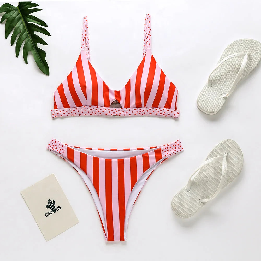Women's bikini swimsuit in black and white dots or red and white stripes pattern.