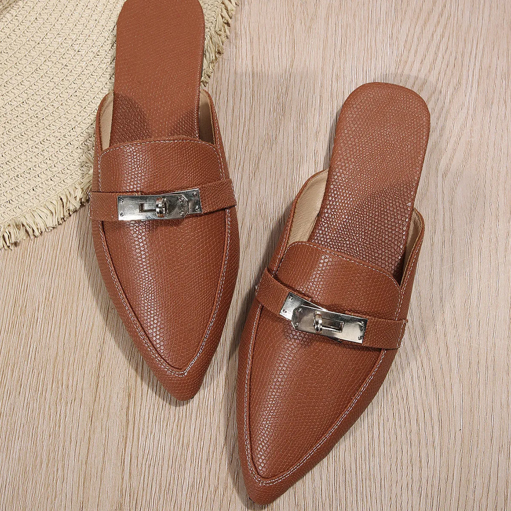 Light brown women's pointed toe low heel semi-slippers with a PU upper and rubber sole.