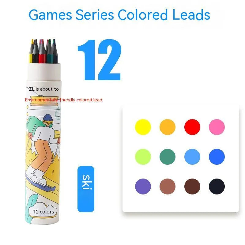 Zhenglin Sports Series colour pencil set for children with paper barrels, showing multiple colour lead options.