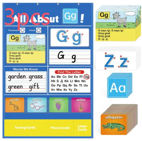Children's alphabet learning sleeve chart with letter cards, word cards, and picture cards on a large 60x40 cm table mat.