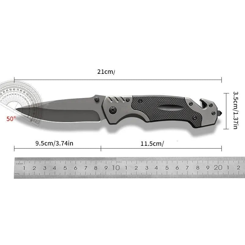 Outdoor folding knife with alloy blade showing textured handle option and folded position
