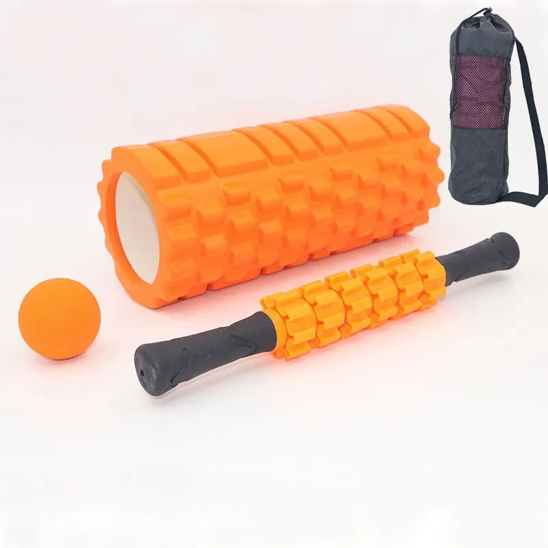 Black six-piece foam massage roller measuring 33 cm long with segmented design