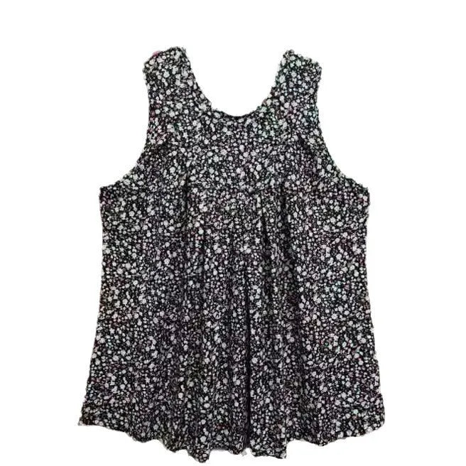 Plus size women's floral print sleeveless vest in black polyester with round neck