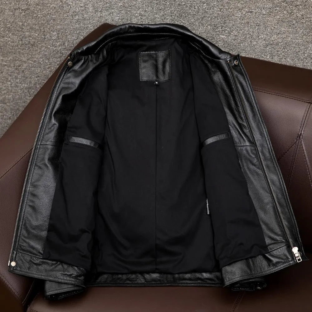 Men's plus size loose fit PU leather jacket with lapel design and side seam pockets in black or brown options