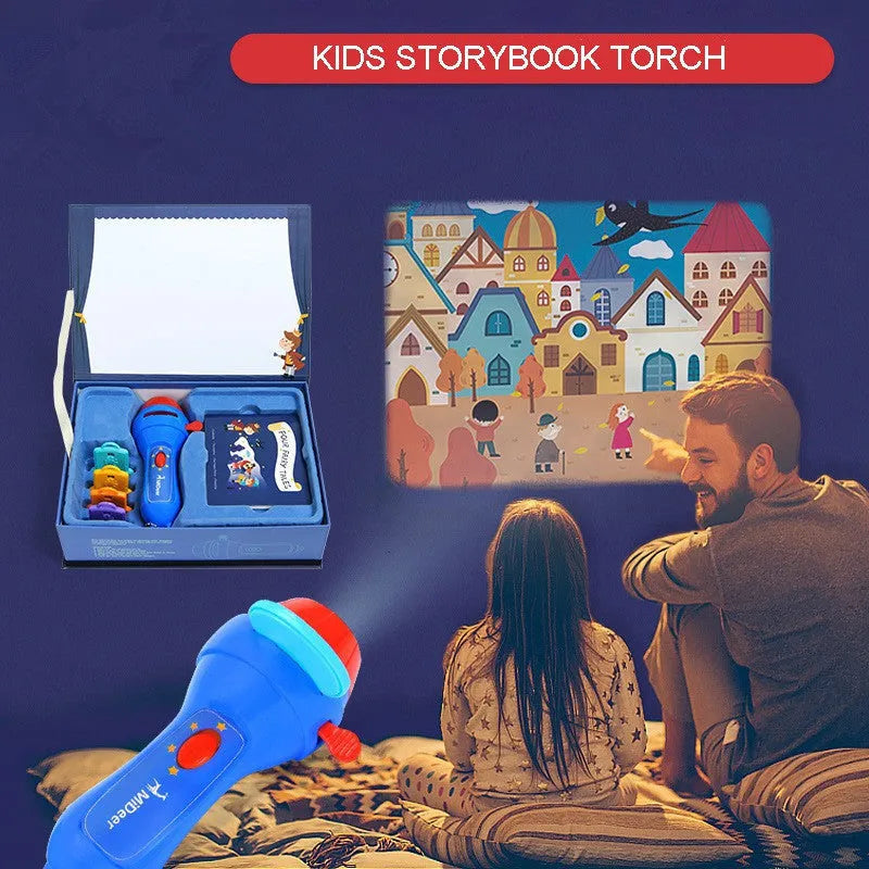 SmartKids storybook projector torch with four discs projecting fairy tale images on a wall