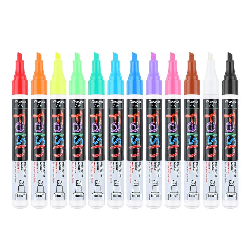 Electronic fluorescent board highlighter with 6mm tip and oblique pen shape on card packaging