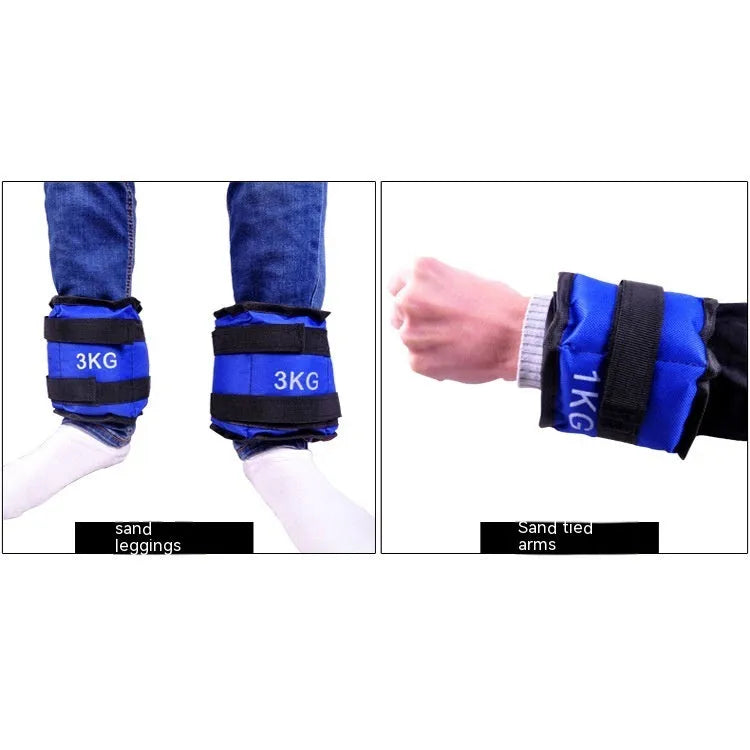 A pair of Oxford cloth legging sandbag weights for athletic training, shown with weight options from 1kg to 6kg.