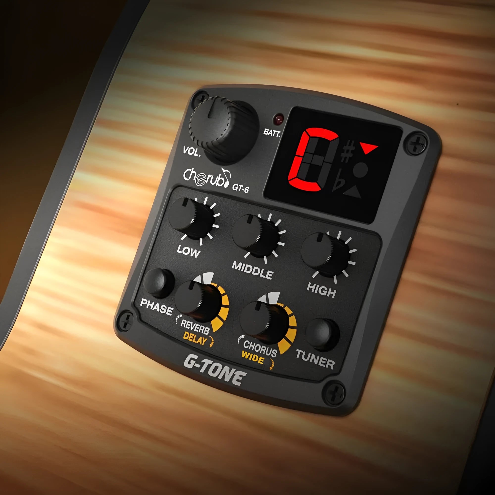 Cherub GT-6 black acoustic guitar hole-mount EQ pickup with knobs for 3-band EQ and effects.