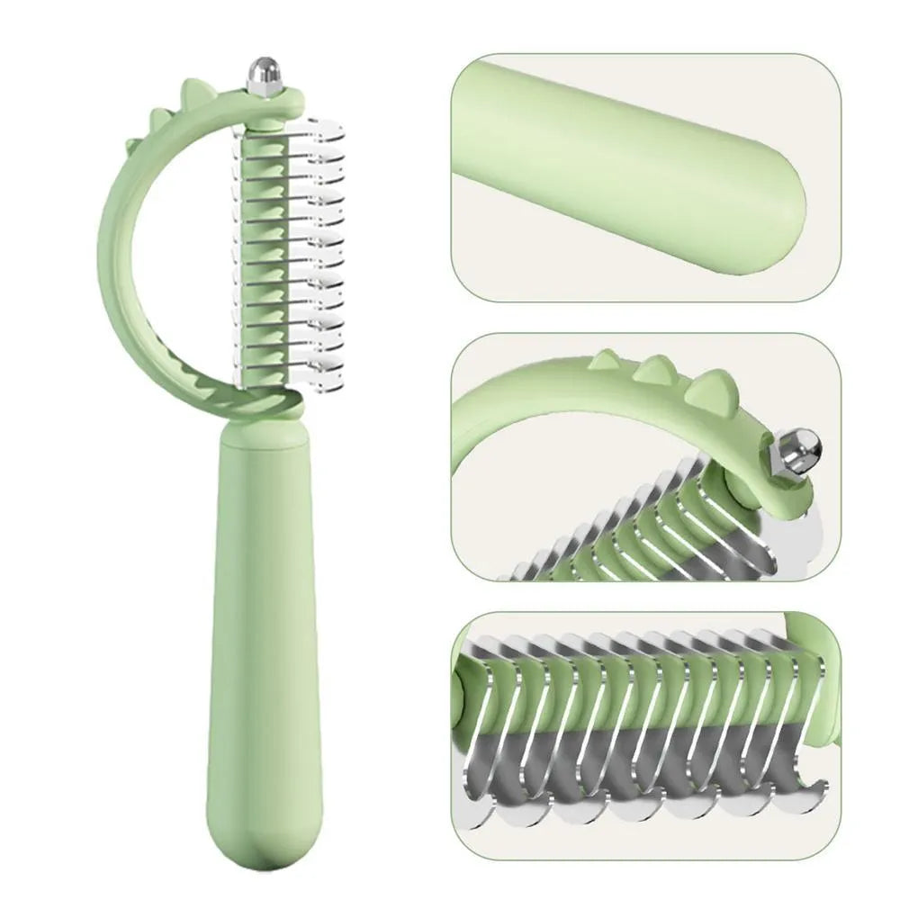 Blue dinosaur-shaped self-cleaning cat brush with stainless steel pins on a white background.