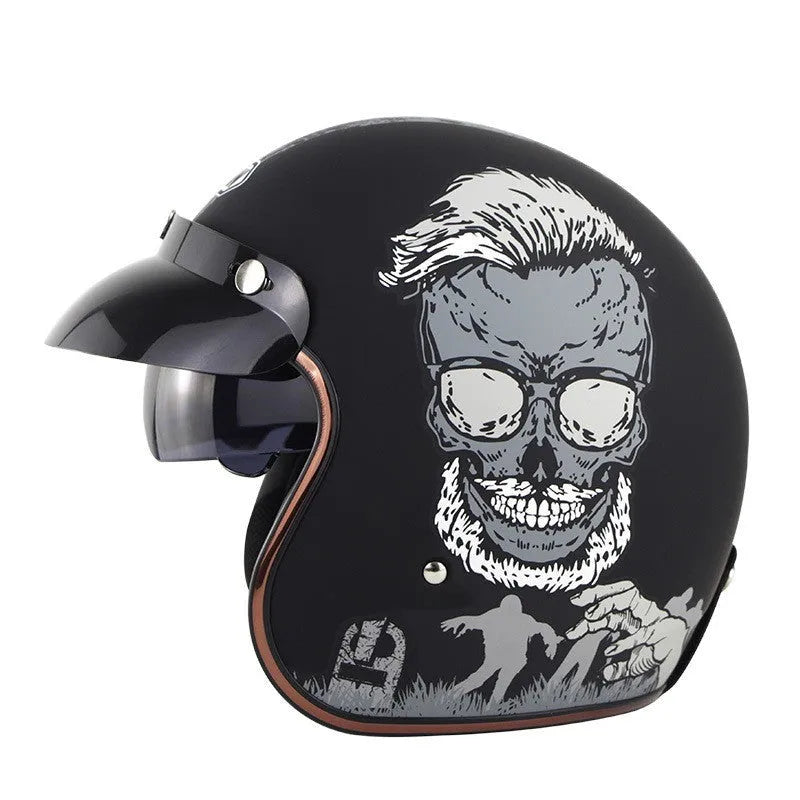 Retro-style half riding helmet in ABS plastic shown in orange and black colour scheme.