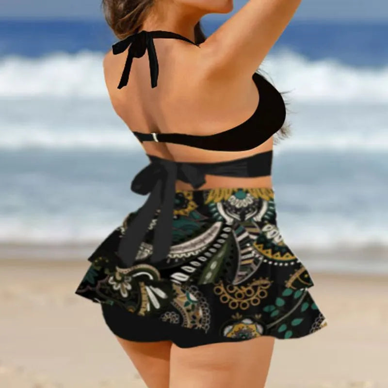 Women's purple split skirt bikini with lace-up back for swimming sports