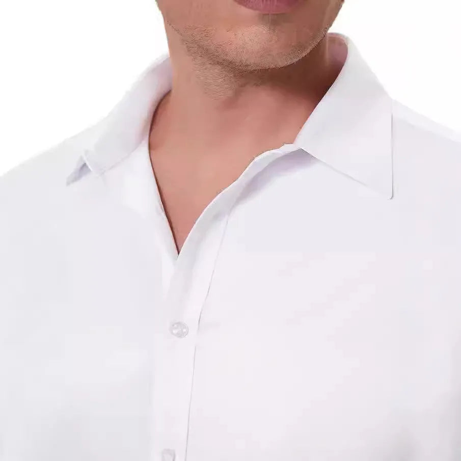 Men's slim-fit long-sleeve solid colour business casual shirt in four-way stretch polyester, shown in available colours and sizes 38/XXXS to 48/XXXXXL