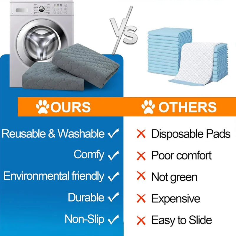 Set of two neutral-coloured washable dog pee pads on a wooden floor.