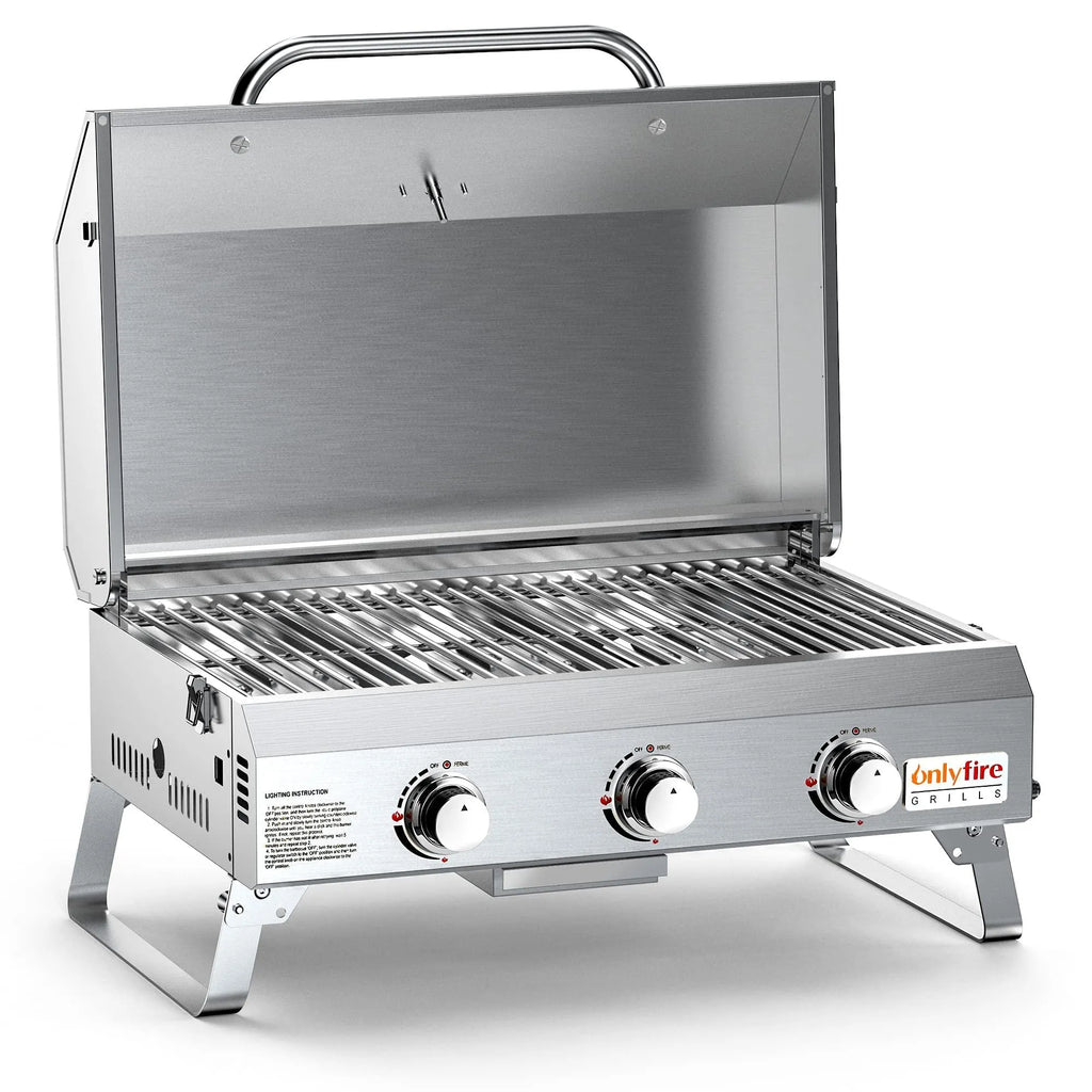 Silver desktop gas barbecue grill with three burners and foldable legs