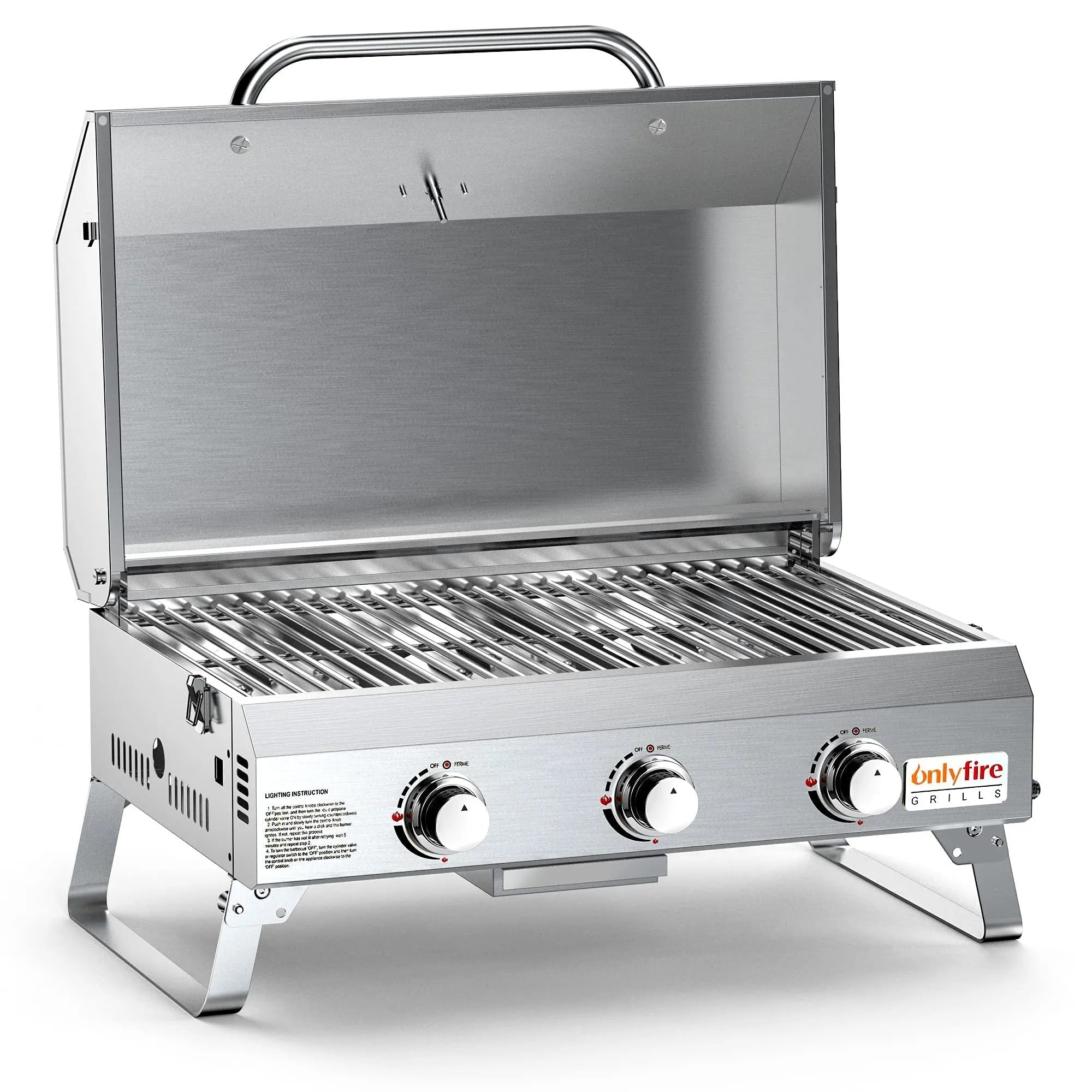 Silver desktop gas barbecue grill with three burners and foldable legs