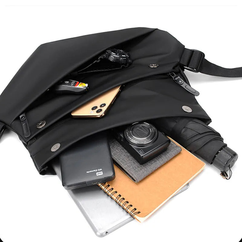 Men's black PU leather crossbody sling backpack with shoulder strap and zipper opening