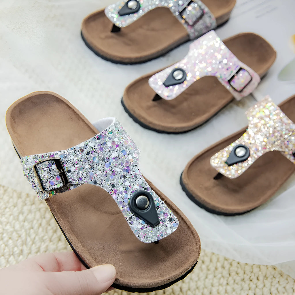 Frosted gold cork flip-flops with artificial leather upper and PVC sole
