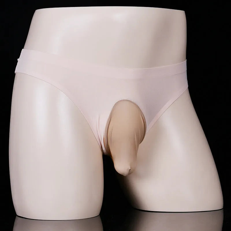 Men's ice silk underwear briefs in T-back design showing open gun egg and closed style options