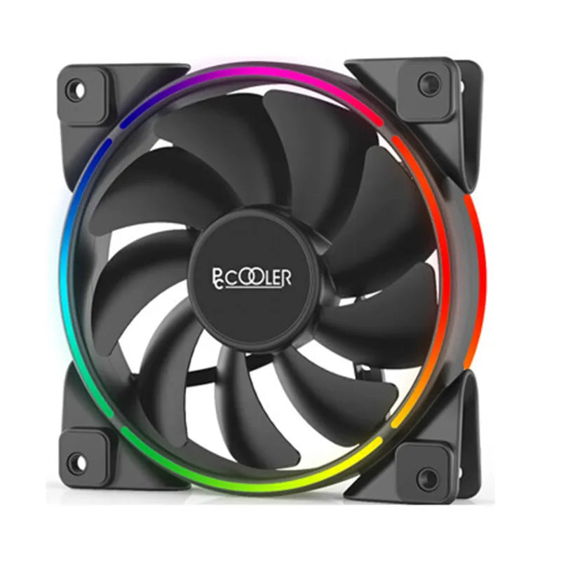 Three black 120mm PC cooling fans with illuminated RGB blades on a dark background.