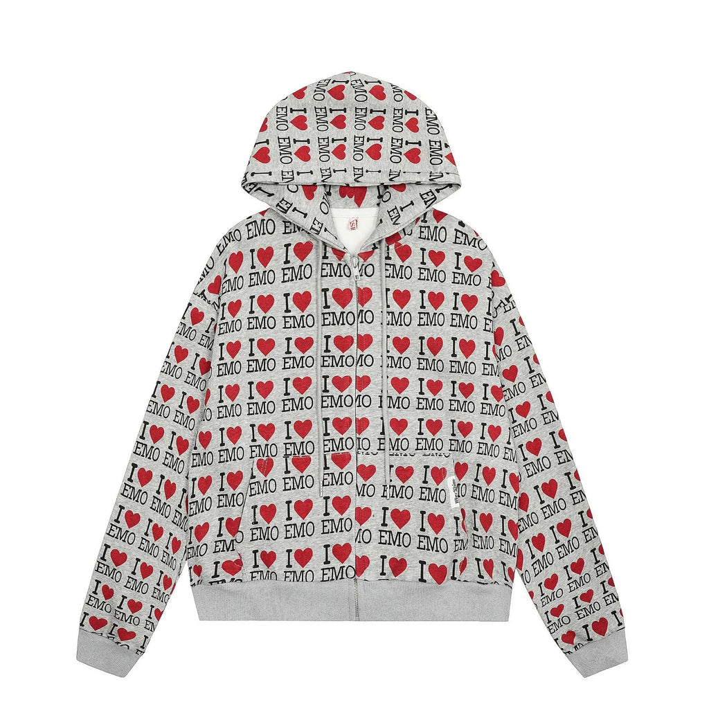 Women's mixed grey retro pattern hooded cotton cardigan sweater on a hanger.