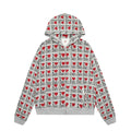 Women's mixed grey retro pattern hooded cotton cardigan sweater on a hanger.